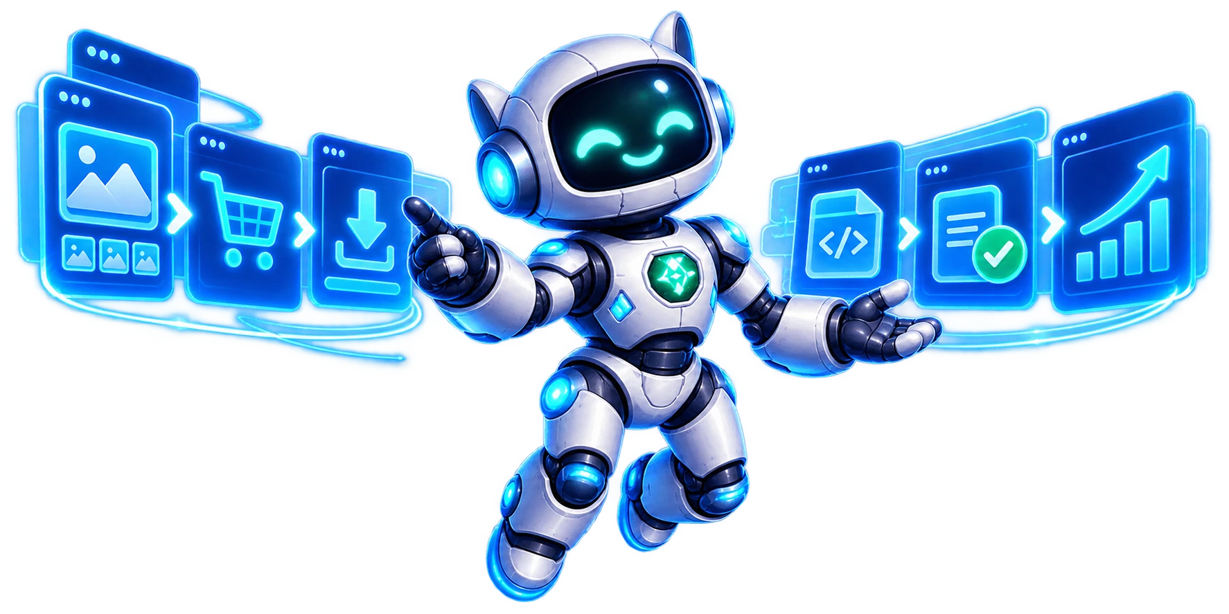 Mascote robô da Pixel Pronto com painéis de compra, download e desenvolvimento.